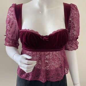 NWOT Dolls Kill Brand Current Mood Burgundy Velvet Bustier Top w Lace Details